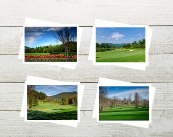 Surtido de tarjetas de notas de golf Conjunto de 4 tarjetas de felicitación fotográficas con sobres, Tarjetas para todas las ocasiones de las Montañas Blue Ridge de Carolina del Norte, Cumpleaños de golf