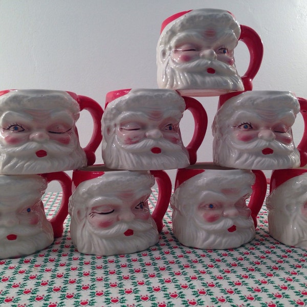 Vintage Jewel Eyed Winking Santa Mugs 8 Piece Set