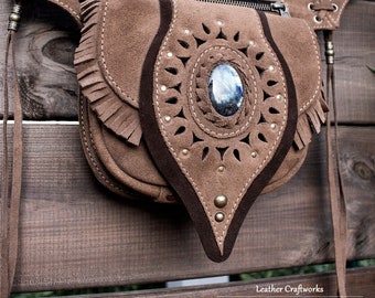 Leather Utility Belt - Festival Belt with LABRADORITE stone <Model: ATHENEA> Utility Belt - Festival Accessories with Gemstones