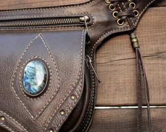 Leather Festival Utility Belt - Pocket Belt - Hip Bag with LABRADORITE  <Model: AGAPE> with all Magic of the Gemstones |HANDMADE|