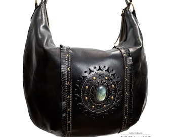 Crossbody Bag-Leather Bag with Labradorite stone|| Exclusive Design HANDMADE with all Magic of Gemstones |Model: IZHA-Bag|