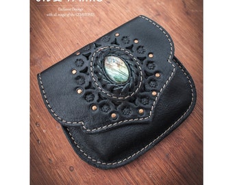 Small Leather Pouch - Small Purse - Wallet Coin - Cards | with LABRADORITE | Handmade |Model: Black KUSHA-Pouch| with all Magic of GEMSTONES