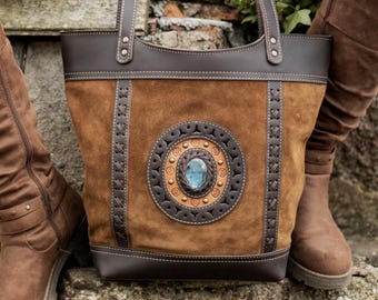 Labradorite Shoulder Tote Bag in Camel Brown Suede Leather - Medium Everyday Handcrafted Purse - Natural Gemstone - Made in Barcelona