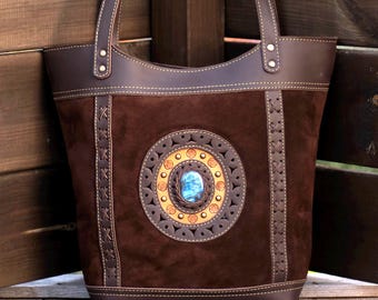 Labradorite Shoulder Tote Bag in Dark Brown Suede Leather - Medium Everyday Handcrafted Purse - Natural stone - Made in Barcelona