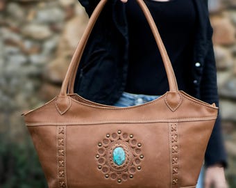Shoulder Bag - Leather Bag - HandBag ||CHRYSOCOLLA|| Genuine Leather - Exclusive Designs with all Magic of Gemstones ||www.siboyanke.com||