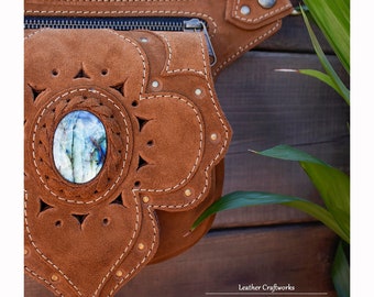 Leather Utility Belt | FESTIVAL | Hip Bag | Pocket belt with LABRADORITE<Model: AGORA>Exclusive Designs with all Magic of the Gemstones