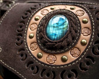 Labradorite Festival Belt Bag in Dark Brown Suede Leather - Fanny Pack handcrafted in Barcelona - Hip Bag with Natural Stone - Yuma Model