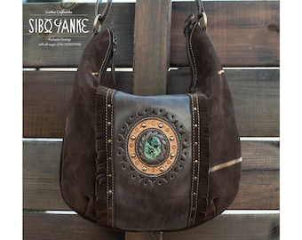 Crossbody Bag with Chrysocolla in Dark Brown Suede Leather - Everyday Handcrafted Hobo bag - Natural Gemstone - Made in Barcelona