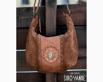 Chrysocolla Crossbody Bag in Orange Brown Suede - Medium Everyday Handcrafted Purse - Natural stone - Made in Barcelona