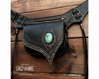 Leather Utility Belt - Festival Belt with CHRYSOCOLLA - Hip Bag <Model: AGAPE> Utility Belt - Festival Accessories with Gemstones |HANDMADE|