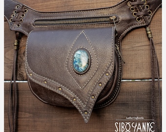 Leather Festival Utility Belt - Pocket Belt - Hip Bag with LABRADORITE  <Model: AGAPE> with all Magic of the Gemstones |HANDMADE|