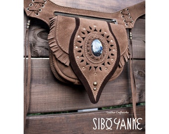 Leather Belt Bag -Festival Belt - Hip Bag with LABRADORITE <Model:ATHENEA> Exclusive Designs with all Magic of Gemstones |HANDMADE|