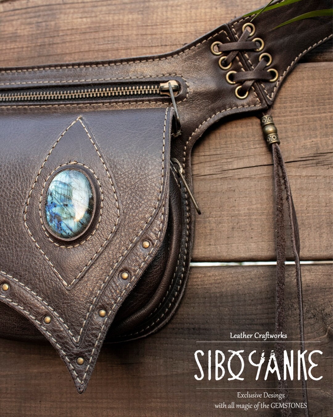 【DISCERNMENT】Lapa leather belt shoulder bag Festival Utility Belt -Hip Bag -Pocket Belt with LABRADORITE