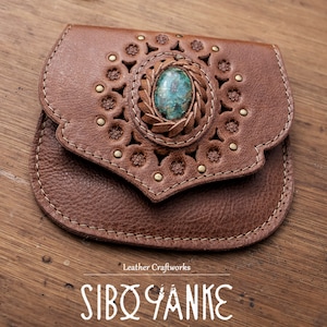 Small Leather Pouch -Small Purse- Wallet -Coin- Cards -Keychain |with CHRYSOCOLLA| Handmade |Model: Brown KUSHA| with all Magic of GEMSTONES