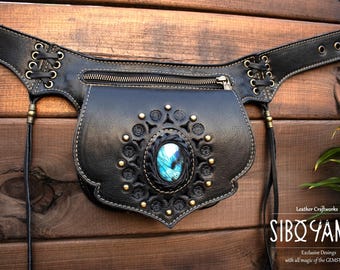 Leather Utility Belt -Festival Belt -Hip Bag with LABRADORITE <Model: KUSHA> Festival Accessories with Gemstones |HANDMADE|