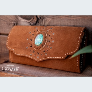 Women's Wallet - Suede Leather Wallet with CHRYSOCOLLA - Women Purse - Brown-Orange Color - Handbag - |HANDMADE| by www.siboyanke.com