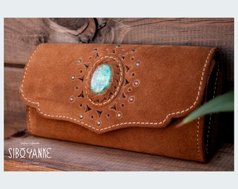 Women's Wallet - Suede Leather Wallet with CHRYSOCOLLA - Women Purse - Brown-Orange Color - Handbag - |HANDMADE| by www.siboyanke.com