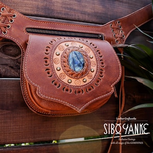 Leder-Gürteltasche - Festival-Gürtel - Hüfttasche mit LABRADORIT - Leder-Gürtel <Modell: YUMA> Festival-Accessoires mit Edelsteinen