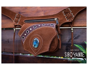 Leather Belt Bag -Festival Belt - Hip Bag with LABRADORITE <Model: PAKAR> Leather Accessories with all Magic of GEMSTONES