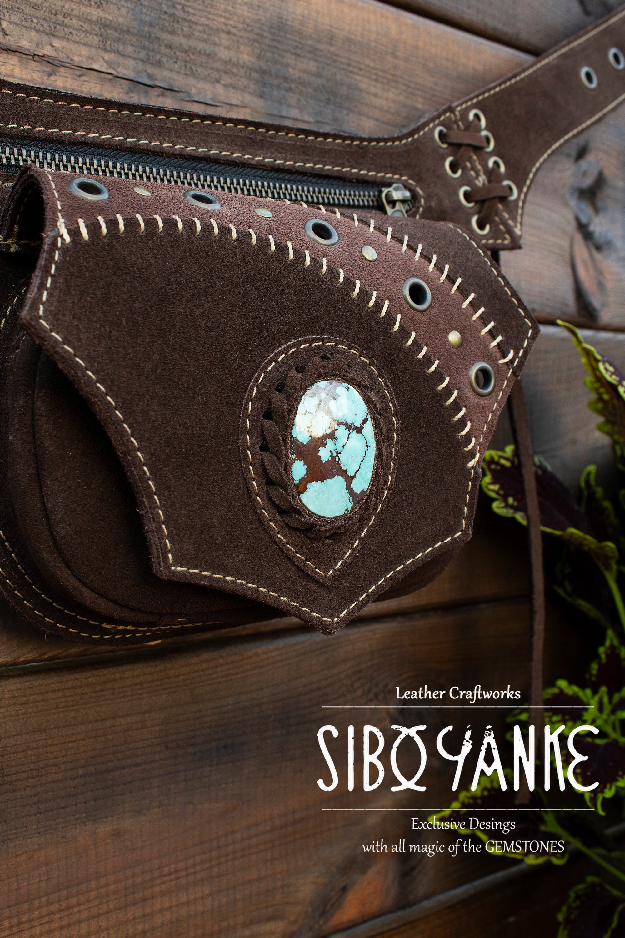 Leather Utility Belt - Festival Belt With TURQUOISE - Hip  display picture 2