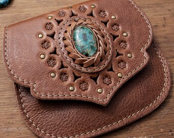 Small Leather Pouch -Small Purse- Wallet -Coin- Cards -Keychain |with CHRYSOCOLLA| Handmade |Model: Brown KUSHA| with all Magic of GEMSTONES
