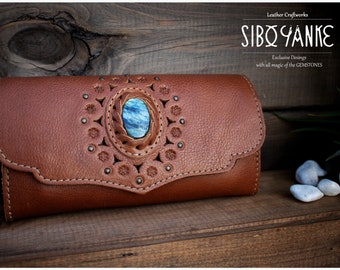 Women's Wallet - Leather Wallet with LABRADORITE - Leather Purse for women - Earth Brown Color - Handbag  |www.siboyanke.com|