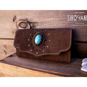Women's Wallet - Suede Leather Wallet with TURQUOISE - Women Purse - Dark Brown Color - Handbag - |HANDMADE| by www.siboyanke.com