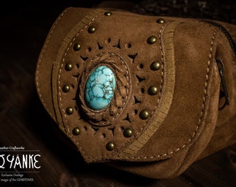 BUMBAG - Waist Bag - Festival Belt - Leather Utility Belt with TURQUOISE Stone  |HANDMADE| by Sibo Yanke. www.siboyanke.com