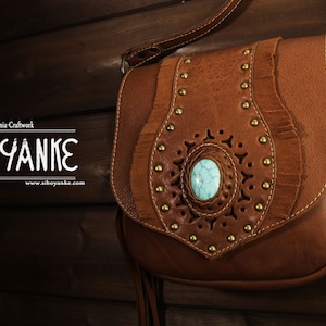 Leather Hip Bag - Boho Bag whit TURQUOISE - Crossbody - HANDMADE by Sibo Yanke. [ www.siboyanke.com ]