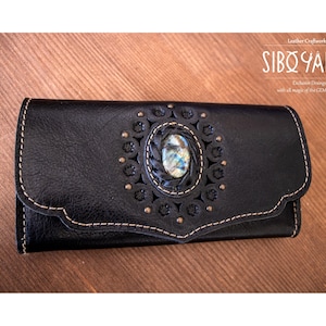 Women's Wallet - Leather Wallet with LABRADORITE - Leather Purse - Black Color Leather - Handbag |HANDMADE| www.siboyanke.com