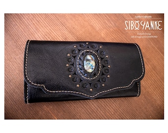 Women's Wallet - Leather Wallet with LABRADORITE - Leather Purse - Black Color Leather - Handbag |HANDMADE| www.siboyanke.com