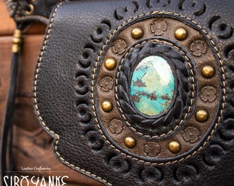 Leather Utility Belt - Festival Belt with CHRYSOCOLLA - Hip Bag <Model: YUMA> Utility Belt - Festival Accessories with Gemstones |HANDMADE|