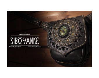 Leather Utility Belt - Festival Belt with CHRYSOCOLLA - Hip Bag <Model: BISMILLAH> Utility Belt - Festival Accessories with Gemstones