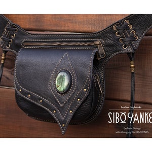 Leather Festival Utility Belt -Hip Bag -Pocket Belt with LABRADORITE <Model: AGAPE>Festival Accessories with Gemstones |HANDMADE|