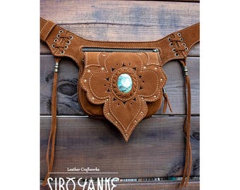 Festival Utility Belt - Hip Bag -Pocket Belt with CHRYSOCOLLA <Model: AGORA> Leather Accessories with Gemstones |HANDMADE|