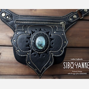 Pochete de couro - Cinto utilitário de couro para festivais - LABRADORITE&lt;Modelo:AGORA&gt; Acessórios para festivais com pedras preciosas|FEITO À MÃO| www.siboyanke.com