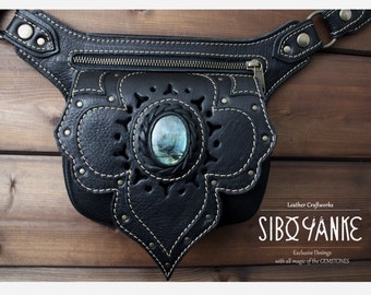 Leather Utility Belt |FESTIVAL |Hip Bag | Pocket belt with LABRADORITE<Model:AGORA>Exclusive Designs with all Magic of Gemstones-SiboYanke