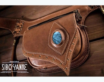 Leather Festival Utility Belt - Pocket Belt with LABRADORITE stone <Model: AGAPE>  Leather Works with all Magic of the Gemstones.