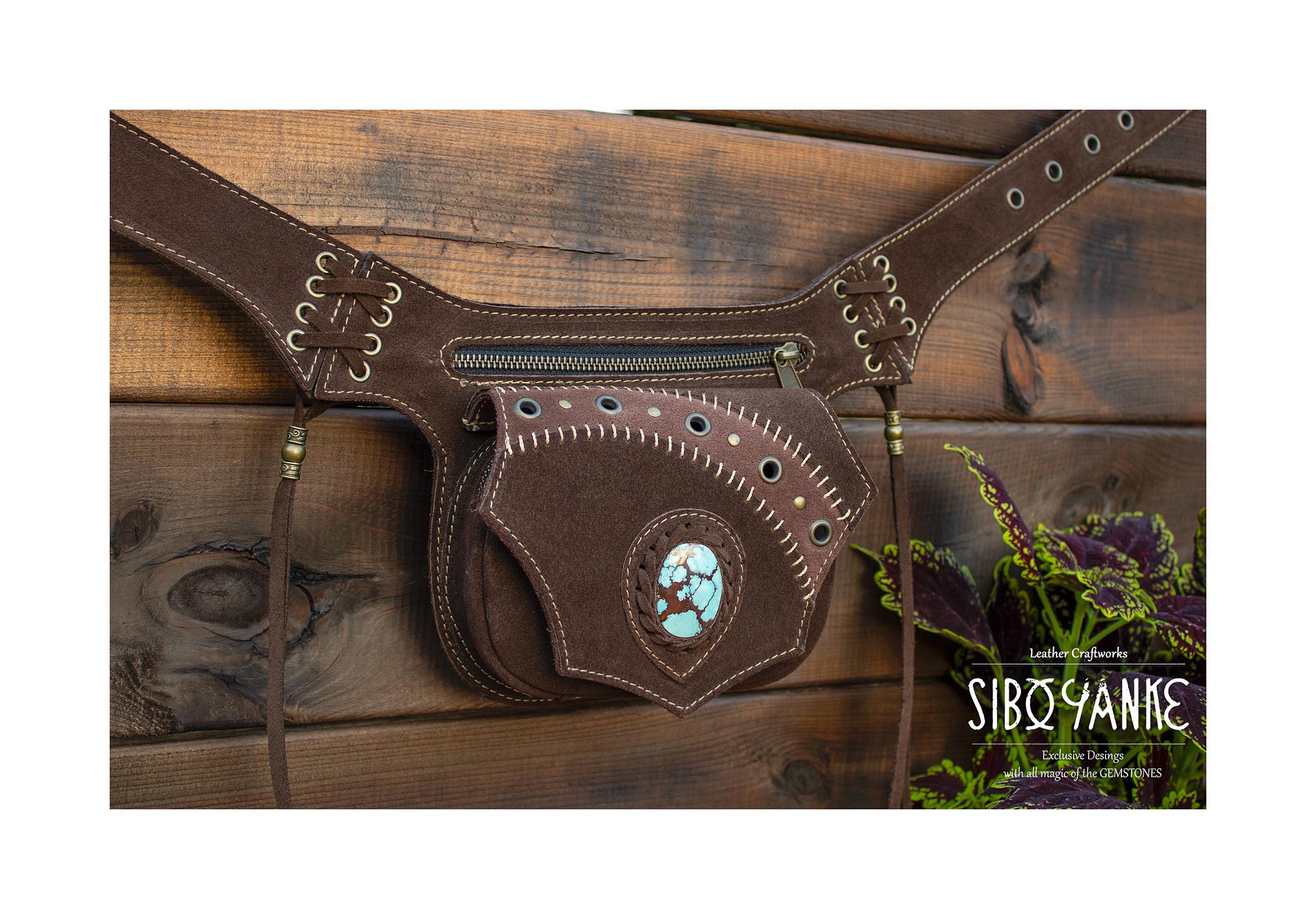 Leather Utility Belt - Festival Belt With TURQUOISE - Hip 