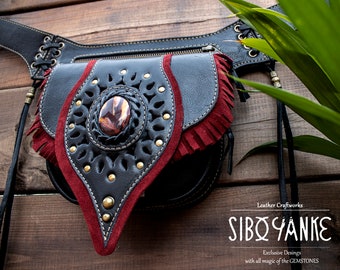 Leather Utility Belt -Festival Belt -Hip Bag with MOKAITE <Model: ATHENEA> Festival Accessories with Gemstones |HANDMADE|www.siboyanke.com