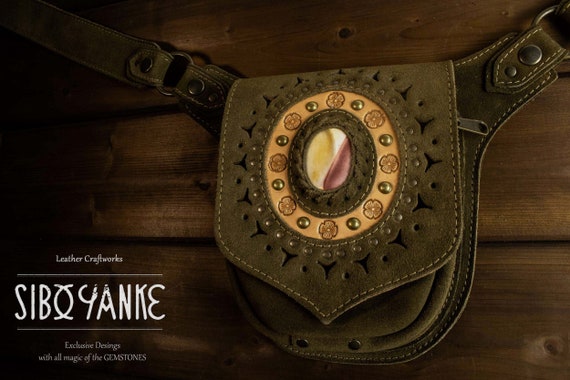 Leather Utility Belt festival Belt hip Bag With MOKAITE model Bismillah Festival Accessories With Gemstones www.siboyanke Etsy Canada