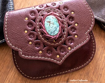 Small Leather Pouch -Small Purse- Wallet -Coin-Cards-Keychain |with CHRYSOCOLLA| Handmade |Model: Red KUSHA| with all Magic of GEMSTONES