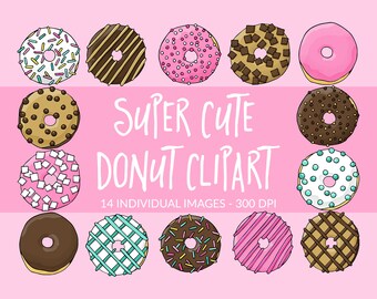 Donut Party Cute Donuts Clipart, Scrapbooking, Cupcake Toppers, Planner Stickers, Kawaii Donut, Commercial Use, Scrapbook, Food Clip Art