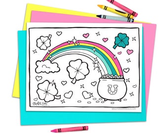 Printable St Patrick's Day Coloring Page, Rainbow, Shamrock, Four Leaf Clover, Coloring Book, PDF, Saint Patty’s Day Kids Coloring Sheet