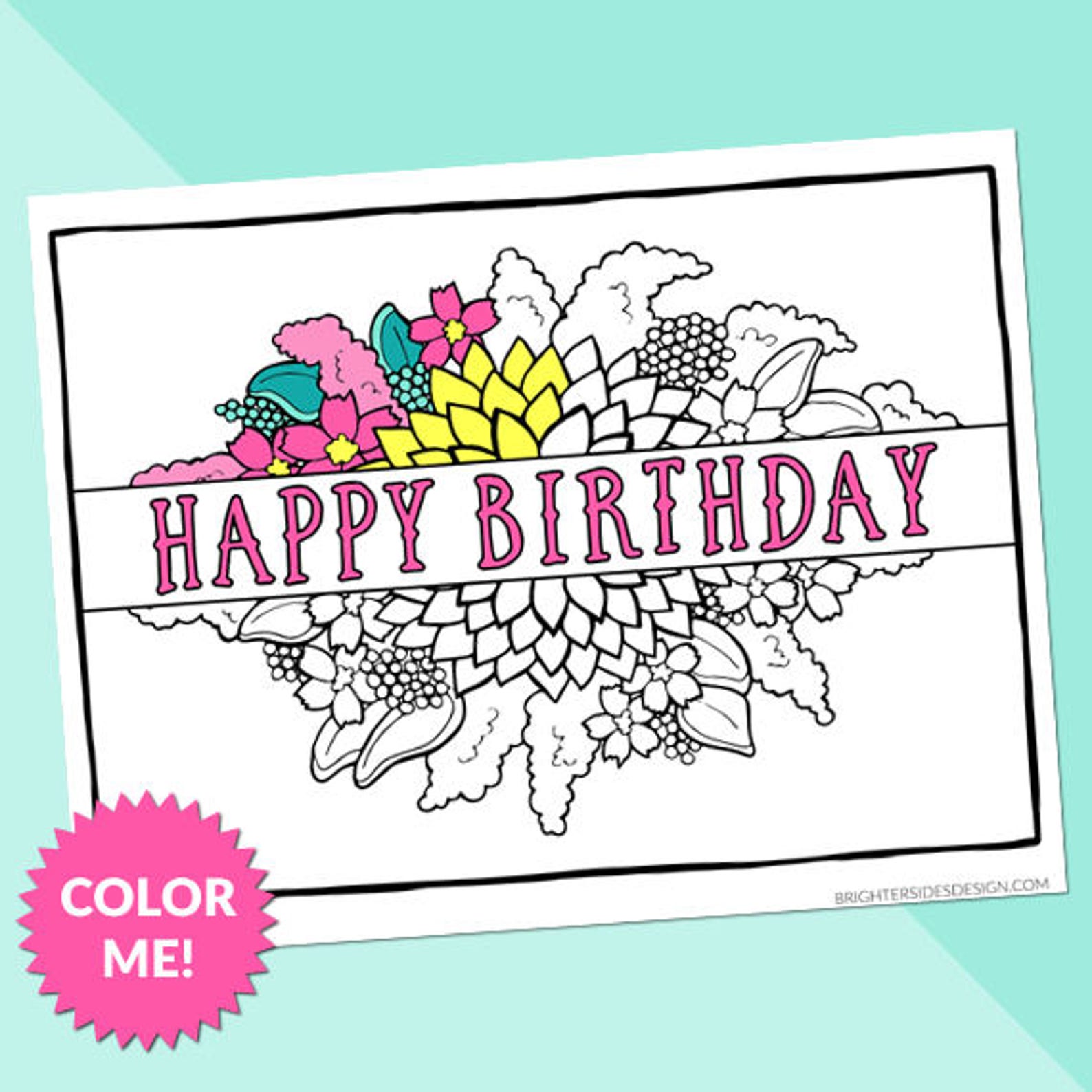 Birthday Flowers Coloring Page, Kids Birthday, Adult Coloring Book Page