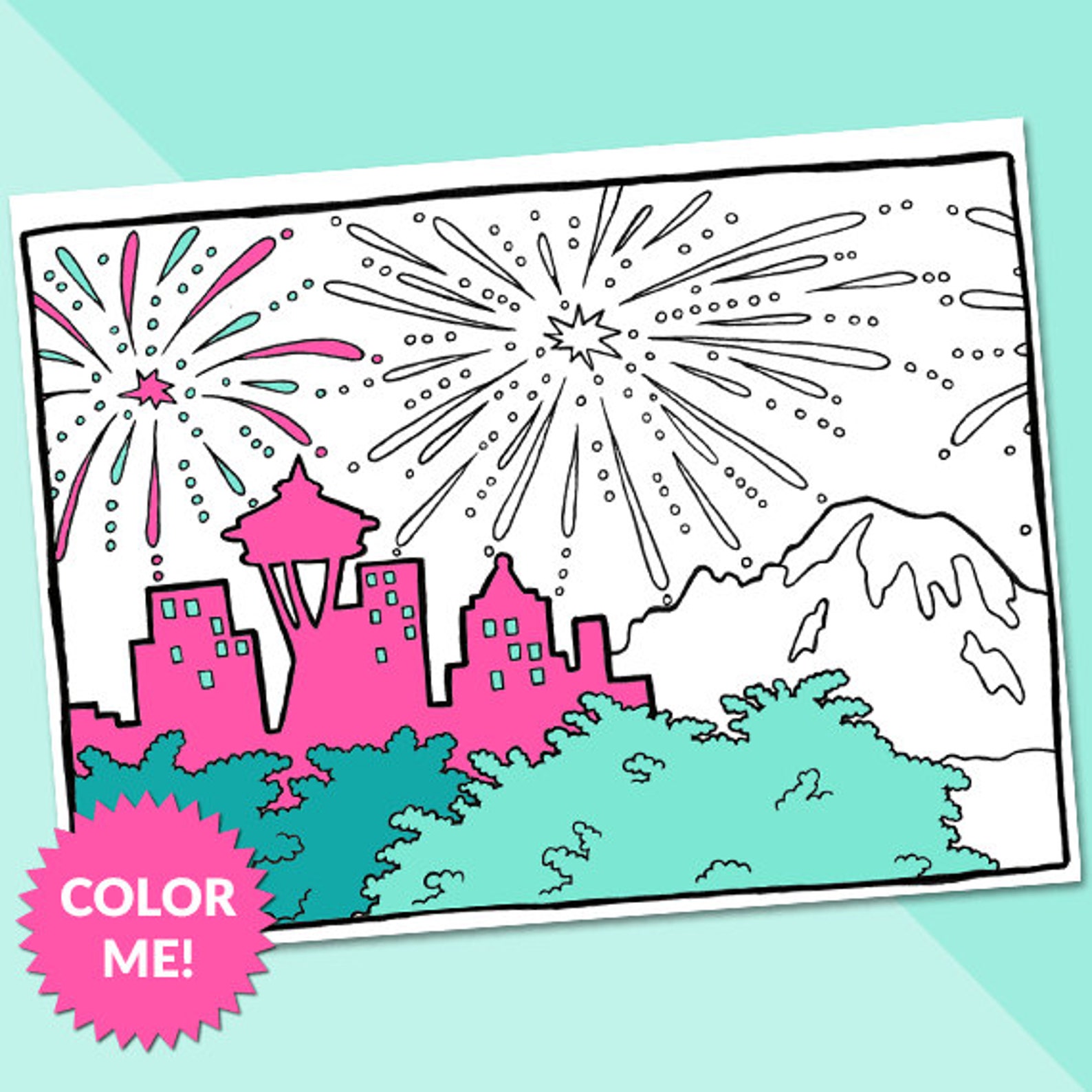 Seattle Skyline Printable Coloring Page Cityscape Fireworks 4th of July ...