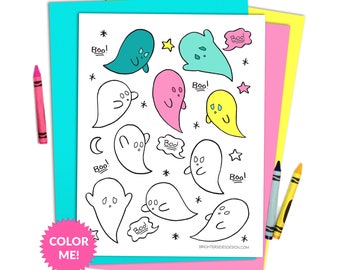 Halloween Coloring Page - Cute Ghosts - Kawaii Spooky Kids Coloring, Fall Adult Coloring, Halloween Party Activity