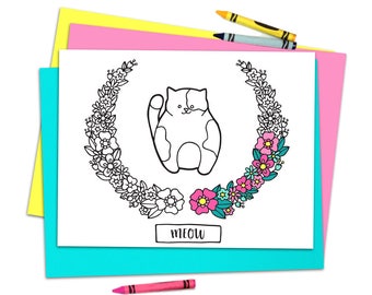 Printable Cat Coloring Page - Meow - Adult Coloring - Floral Wreath - Cute Kitty - Kitten - Cat Lovers - Hand Drawn Colouring Pages