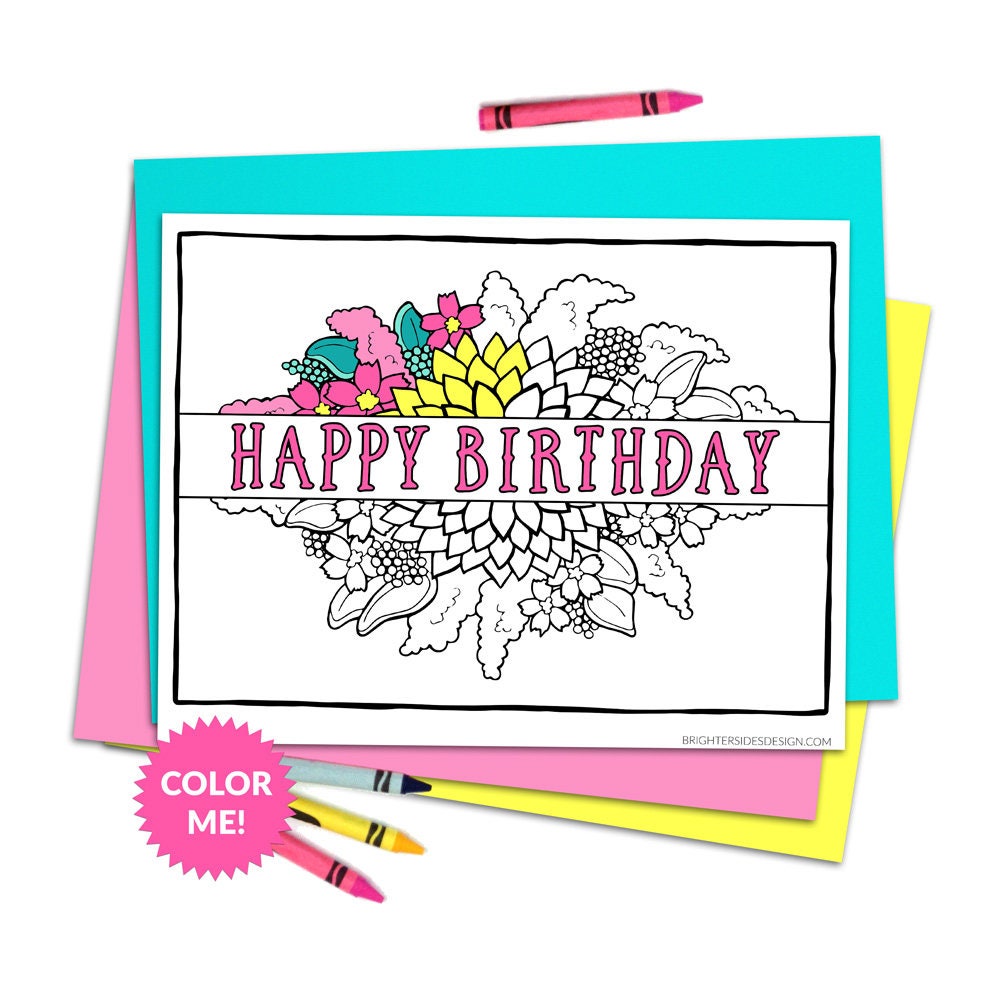 Birthday Flowers Coloring Page, Kids Birthday, Adult Coloring Book Page ...