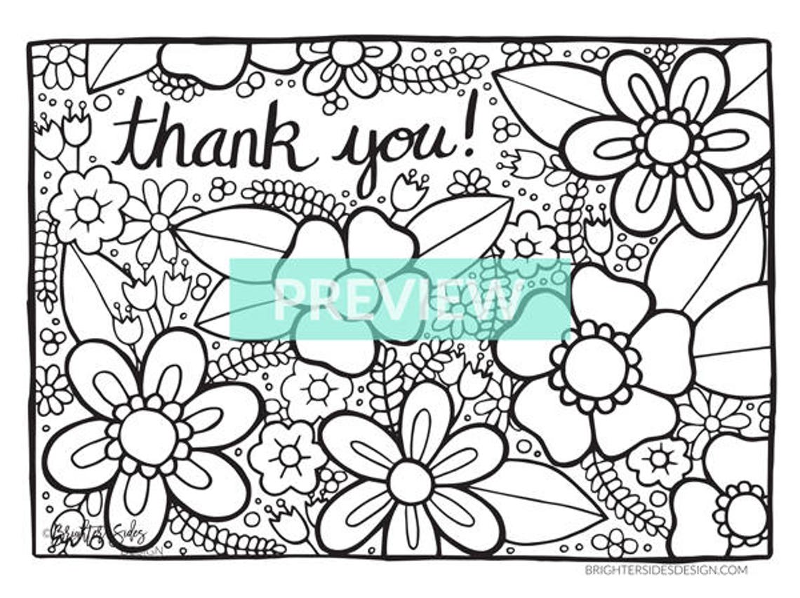 Printable Thank You Flowers Coloring Page Teacher Thanks | Etsy